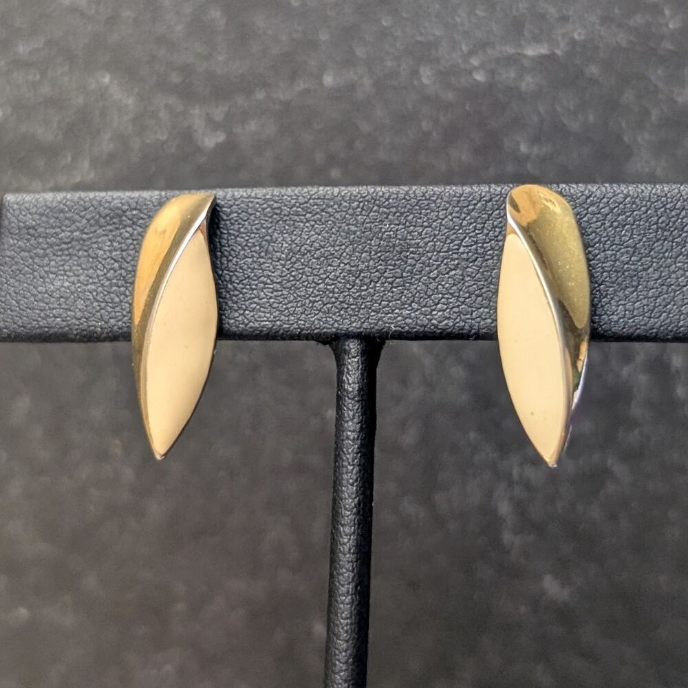 Vintage Clip On Earrings Cream Enamel and Gold Tone Stylish Elongated Classy